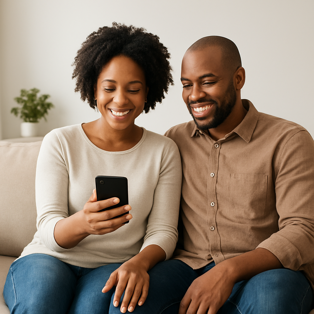Un couple consulte le suivi de son chantier sur smartphone, depuis chez lui