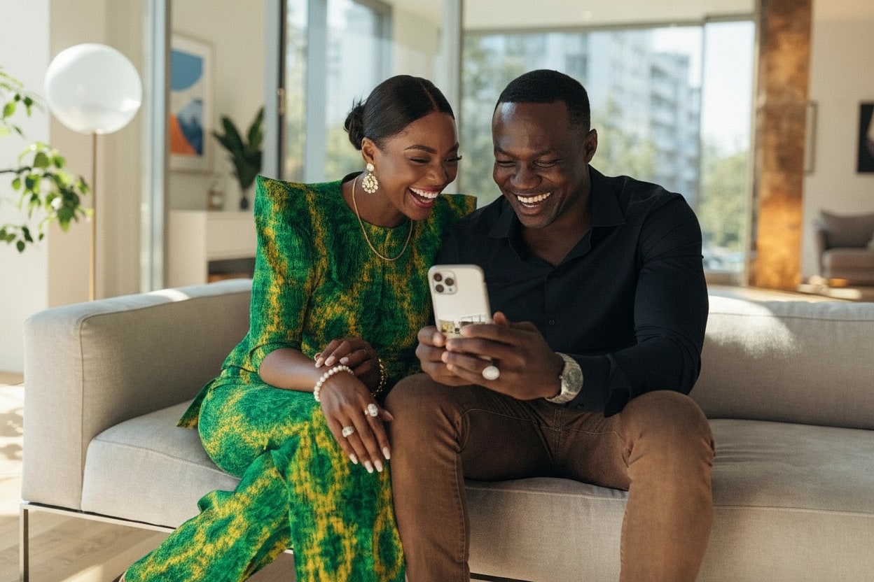 Un couple consulte ensemble le suivi de son chantier sur smartphone, depuis son salon